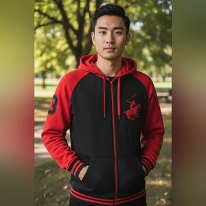 Vintage Beverly Hills Polo Club Red and Black Hoodie Size Medium